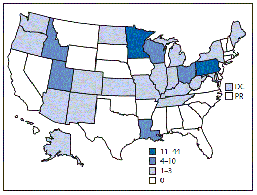The figure is a map that shows the number of giardiasis outbreaks, by jurisdiction, across the United States, including the District of Columbia, and the U.S. territories, including Puerto Rico, 2012&ndash;2017.