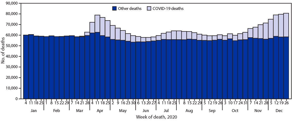 This figure is a bar chart showing the weekly number of COVID-19&ndash;related deaths in the United States during 2020.