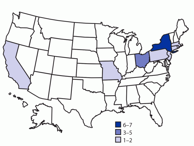 The figure is a map of the United States showing the states in which 21 patients who were infected with the outbreak strain of Escherichia coli O26 lived during December 2018&ndash;May 2019.