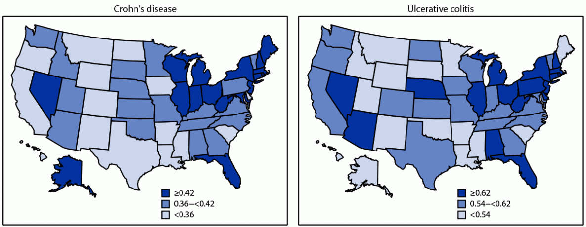 The figure comprises two maps of the United States showing the age-adjusted prevalence of Crohn&rsquo;s disease and ulcerative colitis among 25.1 million Medicare fee-for-service beneficiaries in the United States for 2018.