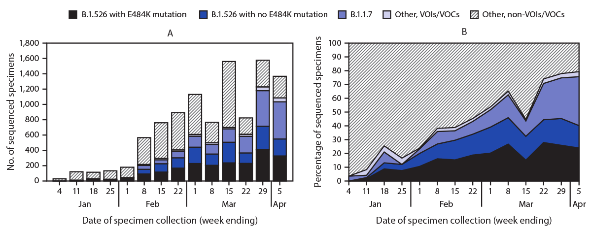 This two-part figure includes a bar graph and line graph showing, by week, the total number of specimens undergoing whole genome sequencing in New York City, New York, during January 1&ndash;April 5, 2021, and the percentage of specimens with the B.1.1.7 variant, the B1.526 variant with or without the E484K mutation, and other variants of concern.