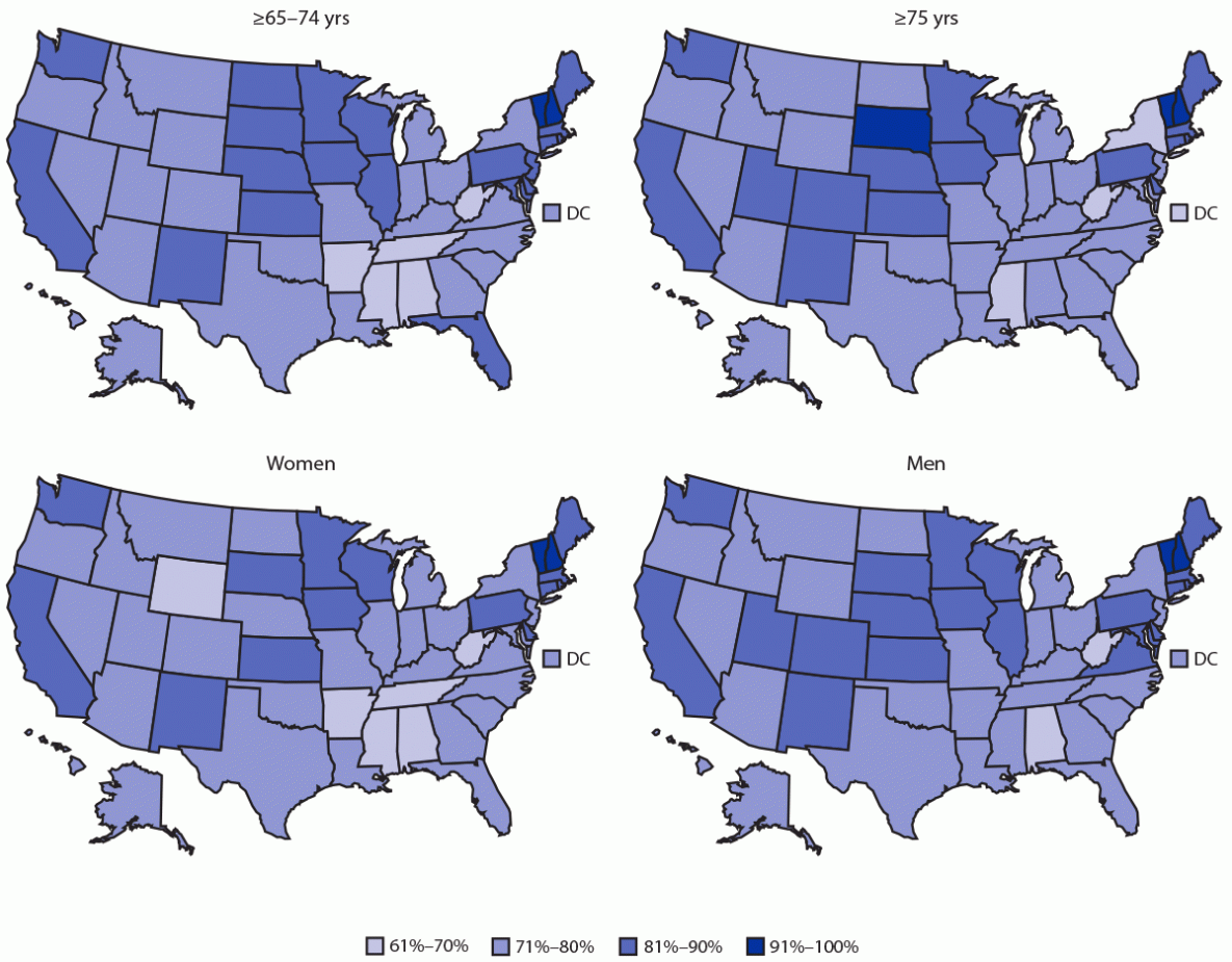 The figure is a series of four maps of the United States showing state COVID-19 vaccination initiation rates of adults aged &ge;65 years, by age group and sex, during December 14, 2020&ndash;April 10, 2021.