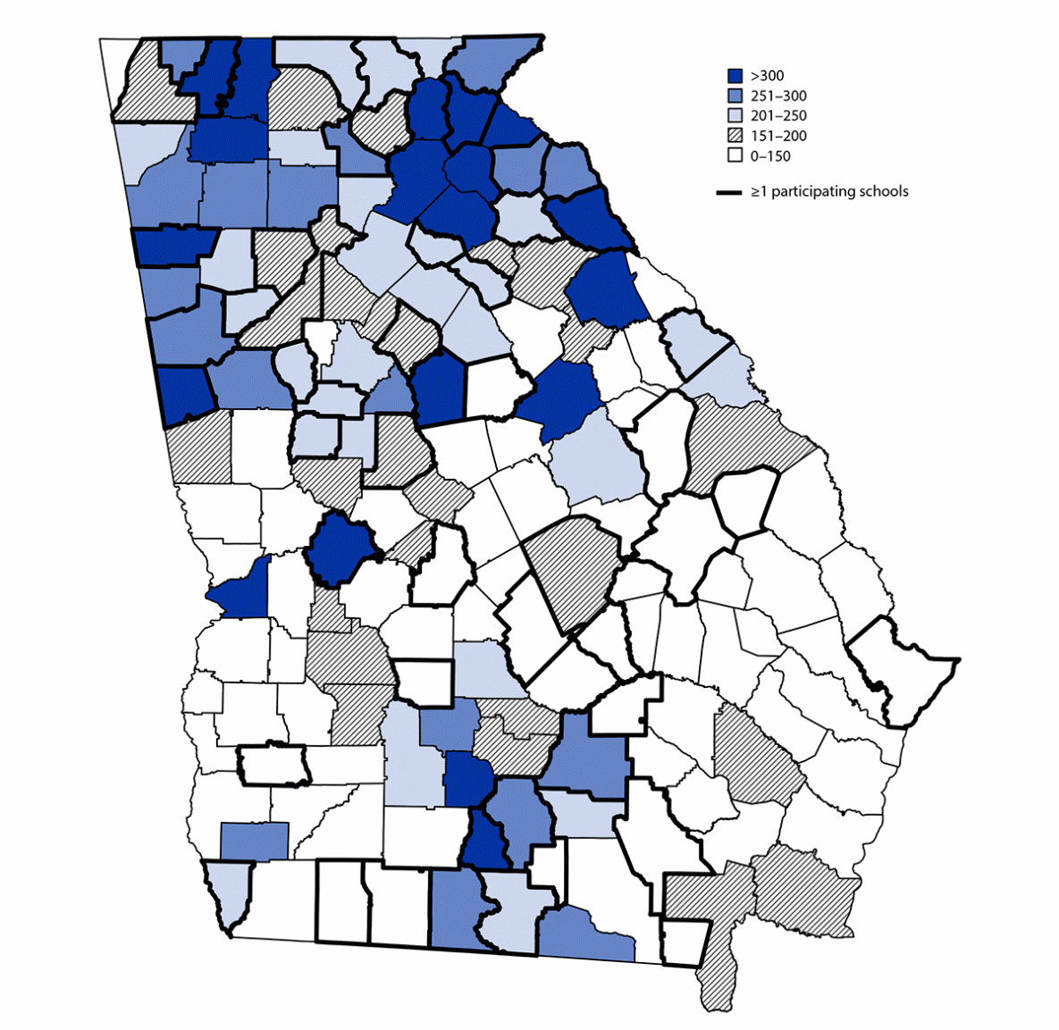 The figure is a map showing the county-level COVID-19 incidence on December 1, 2020, among counties with one or more participating elementary schools and counties without participating schools, in Georgia, during November 16&minus;December 11, 2020.