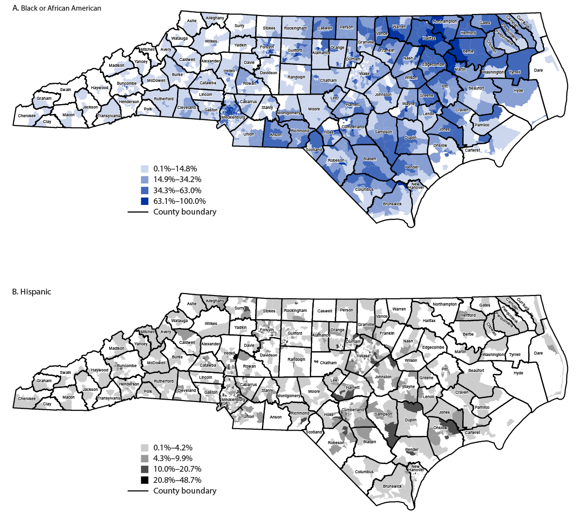 Figure shows the proportion of Black or African American and Hispanic persons aged &ge;65 years by U.S. Census tract in North Carolina during 2019.