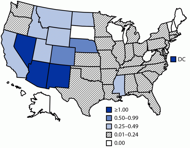 Figure is a map showing incidence of reported cases of West Nile virus neuroinvasive disease by state in the United States in 2019.