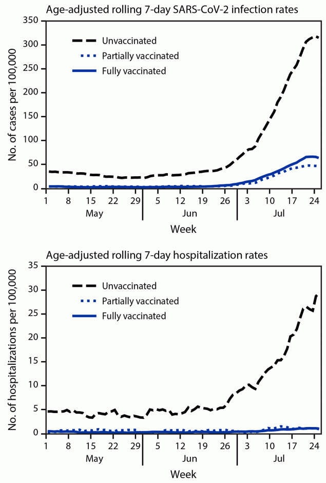 This figure includes two line graphs showing the age-adjusted 7-day rolling average of SARS-CoV-2 infection and hospitalization rates in Los Angeles County, California, during May 1&ndash;July 25, 2021.