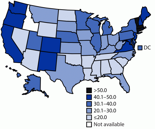 The figure is a map of the United States showing the percentage of adolescents aged 12&ndash;17 years who completed the COVID-19 vaccination series during December 14, 2020&ndash;July 31, 2021.
