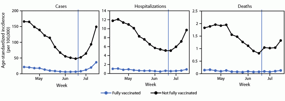 The figure is a series of three line graphs showing weekly trends in age-standardized incidence of COVID-19 cases, hospitalizations, and deaths, by vaccination status, in 13 U.S. jurisdictions, during April 4&ndash;July 17, 2021.