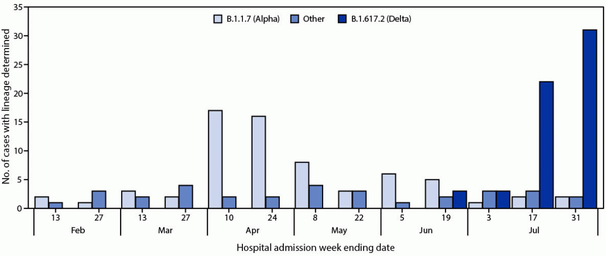 This figure is a bar chart showing the number of U.S. veterans aged &ge;18 years hospitalized with COVID-19 with the B.1.1.7 (Alpha) SARS-CoV-2 variant, the B.1.617.2 variant, and other SARS-CoV-2 variants during February 1&ndash;August 6, 2021.