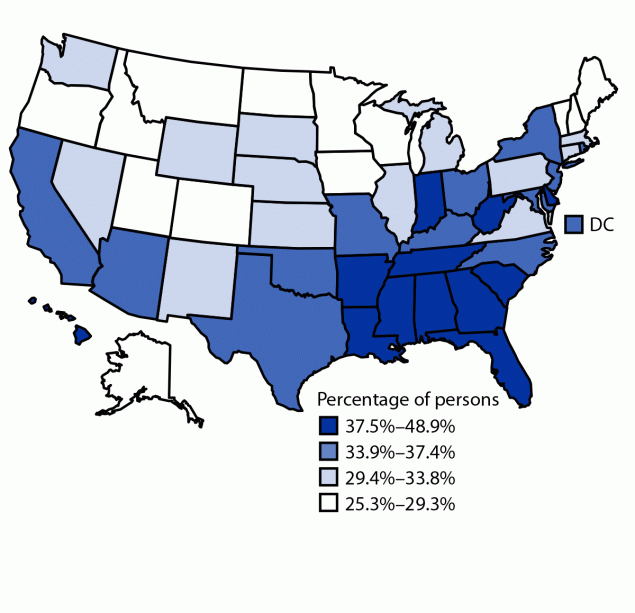 This figure shows the prevalence of short sleep duration among persons aged 4 months through 17 years, by state, from the National Survey of Children&rsquo;s Health in the United States during 2016&ndash;2018.