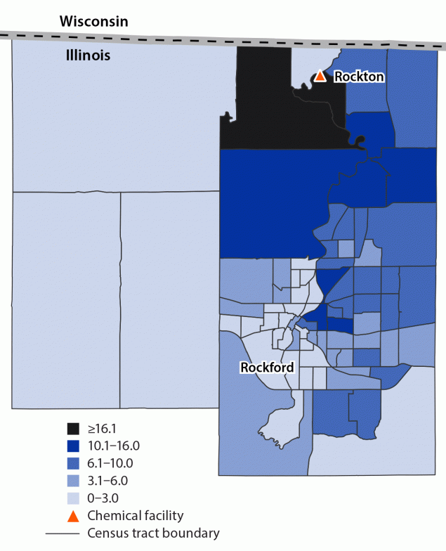 The figure is a map showing human health survey completion rate per 1,000 residents after a chemical manufacturing facility fire by U.S. Census tract in Winnebago County, Illinois, during July 1&ndash;15, 2021.