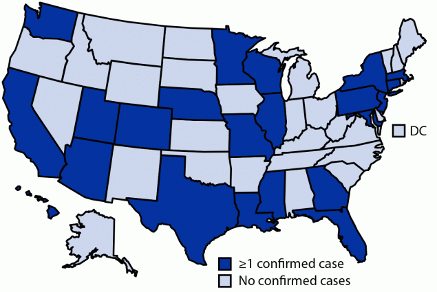 The figure is a map showing states reporting at least one confirmed SARS-CoV-2 B.1.1.529 (Omicron) variant COVID-19 case in the United States during December 1&ndash;8, 2021.