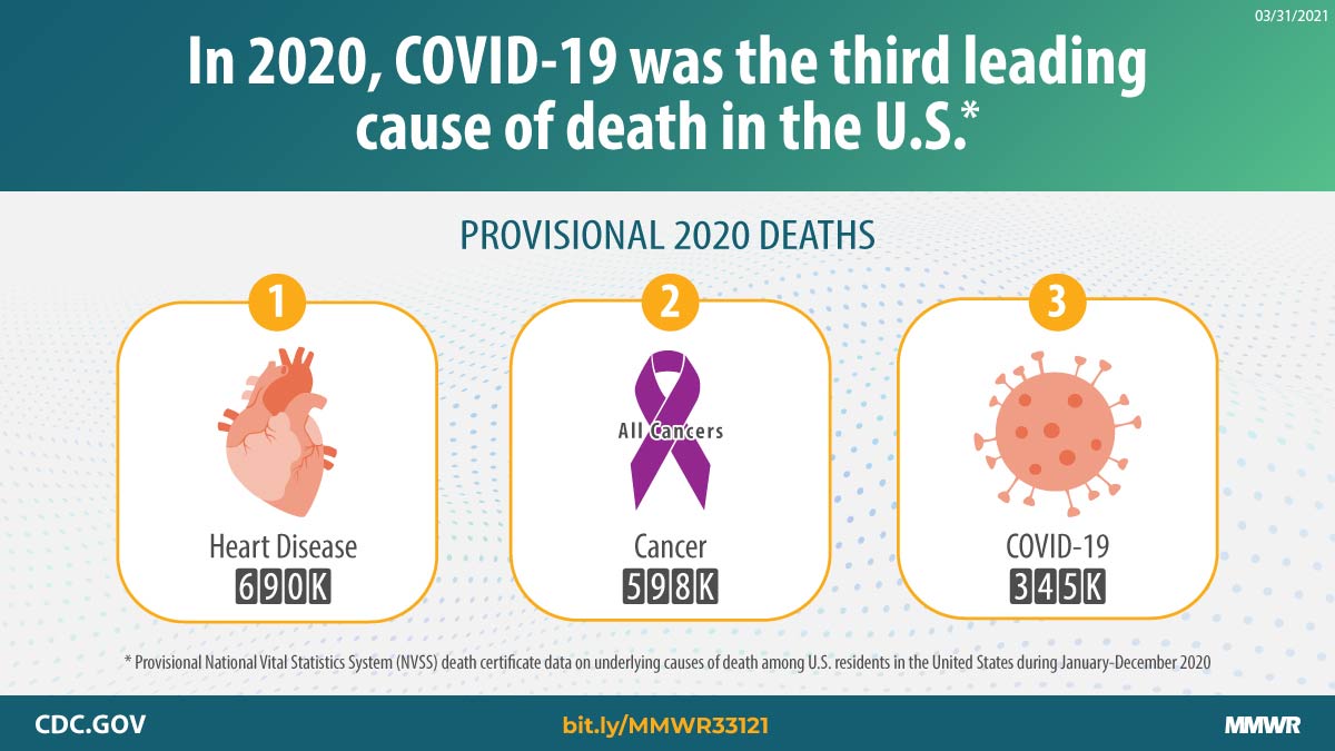 Provisional Mortality Data — United States, 2020 This graphic describes provisional U.S. 2020 deaths and leading causes of death.