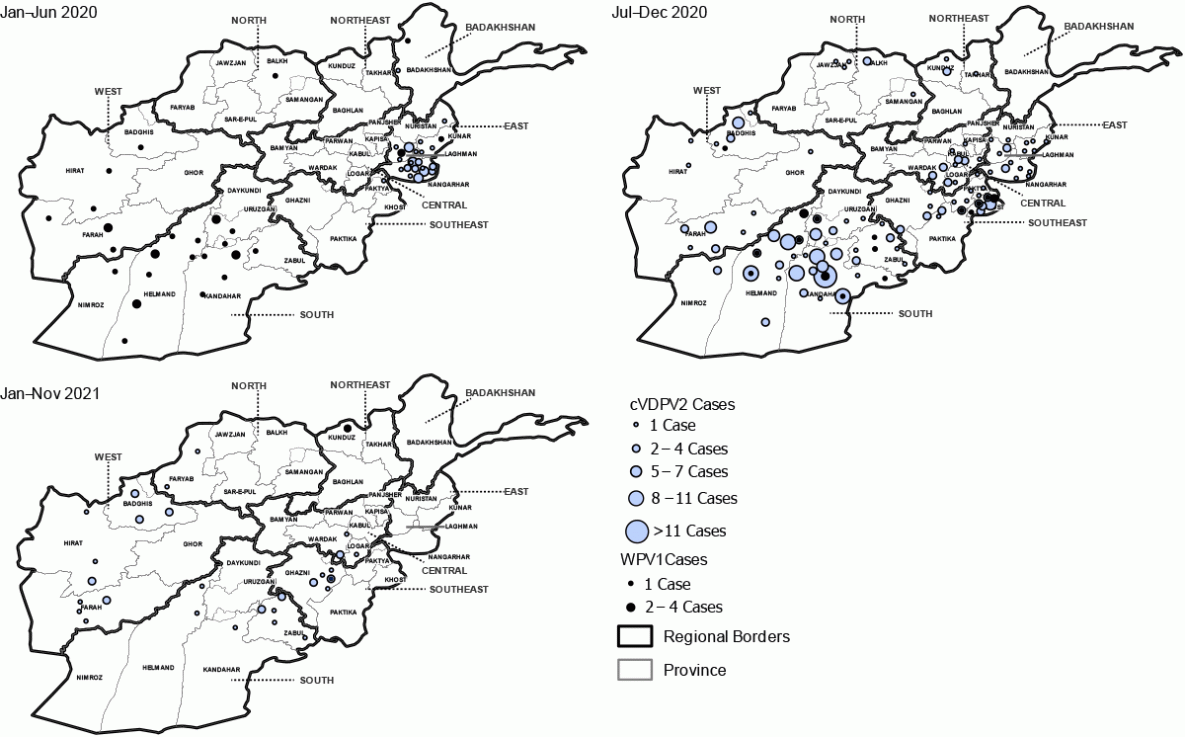 This figure comprises three maps that show cases of wild poliovirus type 1 and circulating vaccine-derived poliovirus type 2 by province in Afghanistan during January 2020&ndash;November 2021.