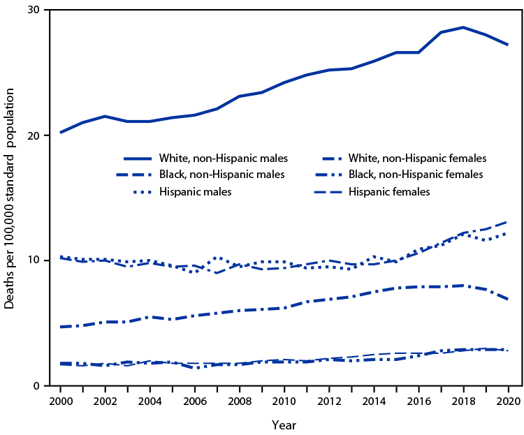 The figure is a line chart showing age-adjusted suicide rates for males and females, by race and ethnicity, in the United States during 2000&ndash;2020.