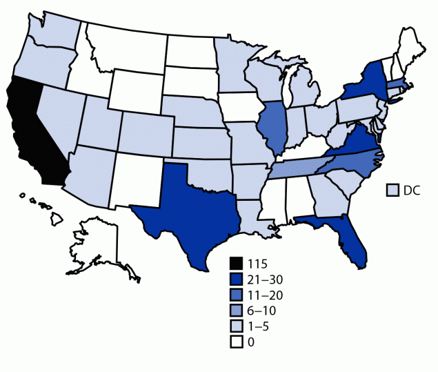 The figure is a map of the United States indicating the number of nifurtimox releases for treatment of Chagas disease for 336 unique patients, by state, in the United States during 2001&ndash;2021.
