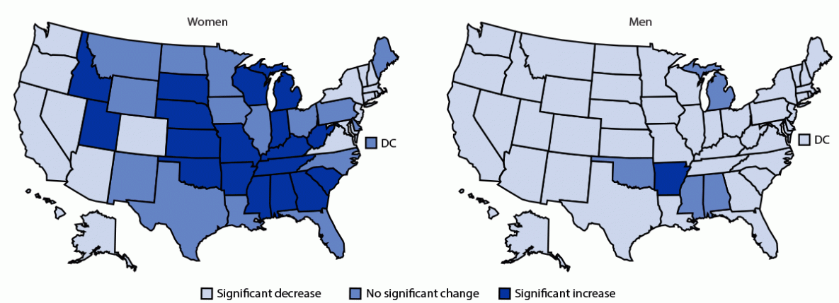 The figure is a set of two maps of the United States that show the state-level changes in sex-specific age-adjusted chronic obstructive pulmonary disease mortality rates among adults aged &ge;25 years during 1999&ndash;2019.