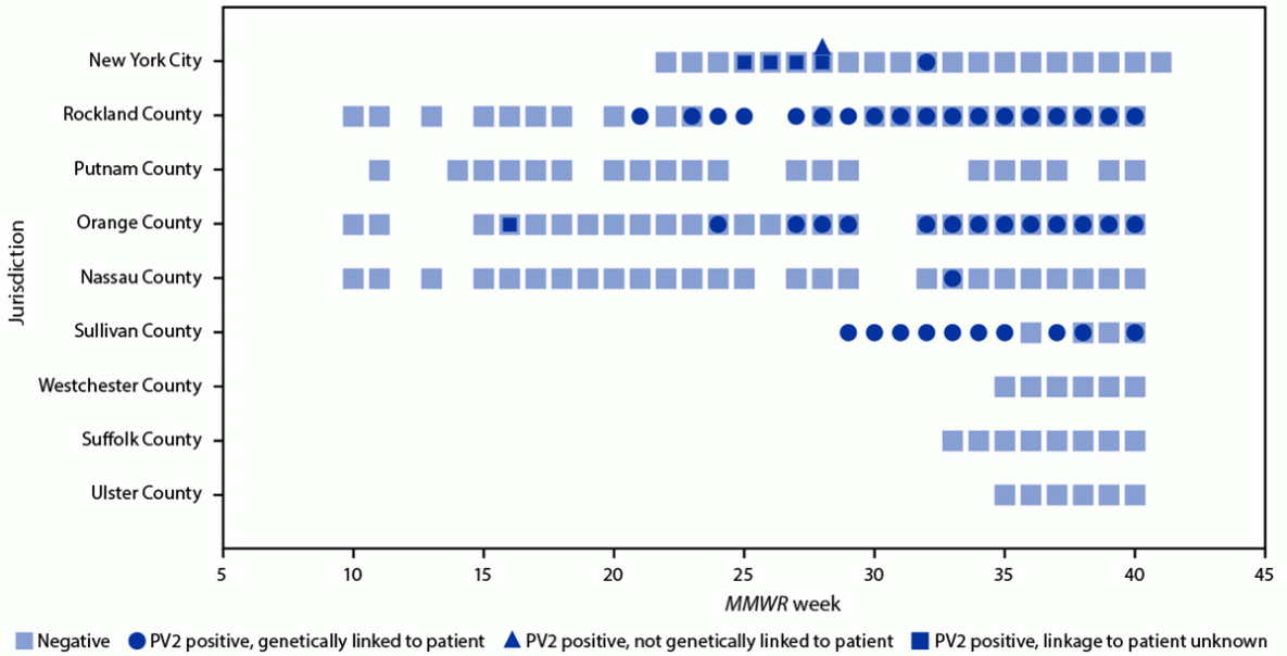 This figure consists of a series of boxes and circles illustrating wastewater polio test results by jurisdiction in 13 counties in New York and New York City during March 9&ndash;October 11, 2022.