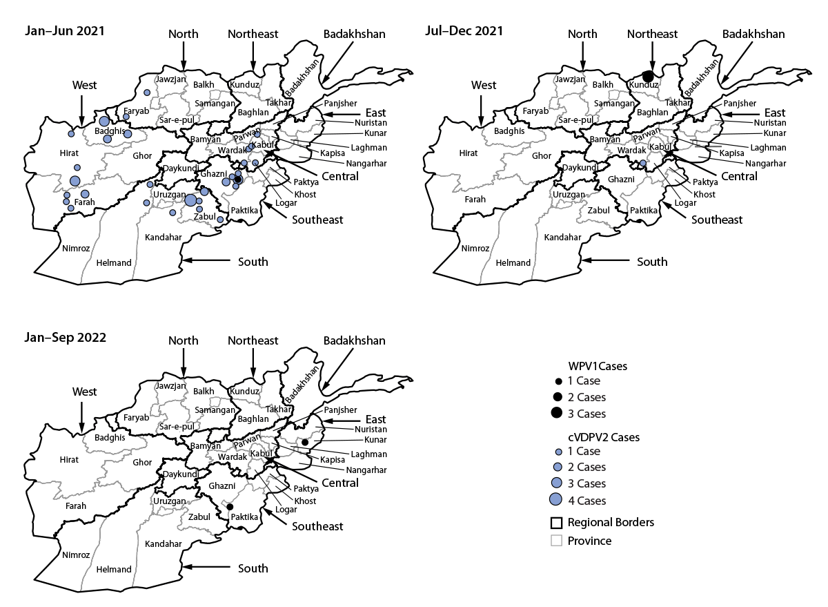 This figure comprises two maps that show cases of polio caused by wild poliovirus type 1 and circulating vaccine-derived poliovirus type 2, by province and period, in Afghanistan, during January 2021&ndash;September 2022.