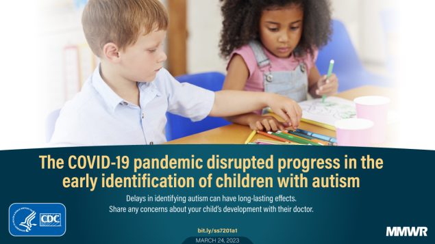 Early Identification of Autism Spectrum Disorder Among Children Aged 4 Years — Autism and Developmental Disabilities Monitoring Network, 11 Sites, United States, 2020 The figure is a photo of two children playing and text about disruptions to identifying autism in children during the COVID pandemic.