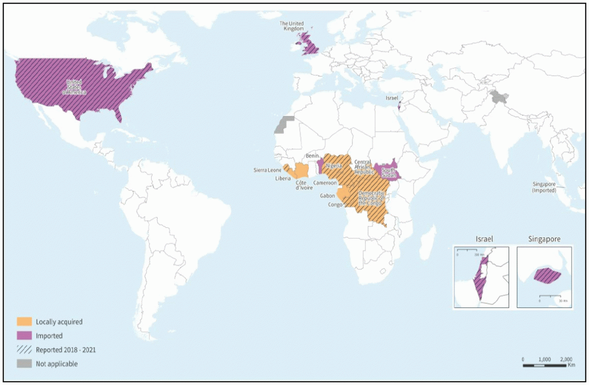 This figure is showing a map of reported confirmed human mpox cases worldwide during 1970&ndash;2021.