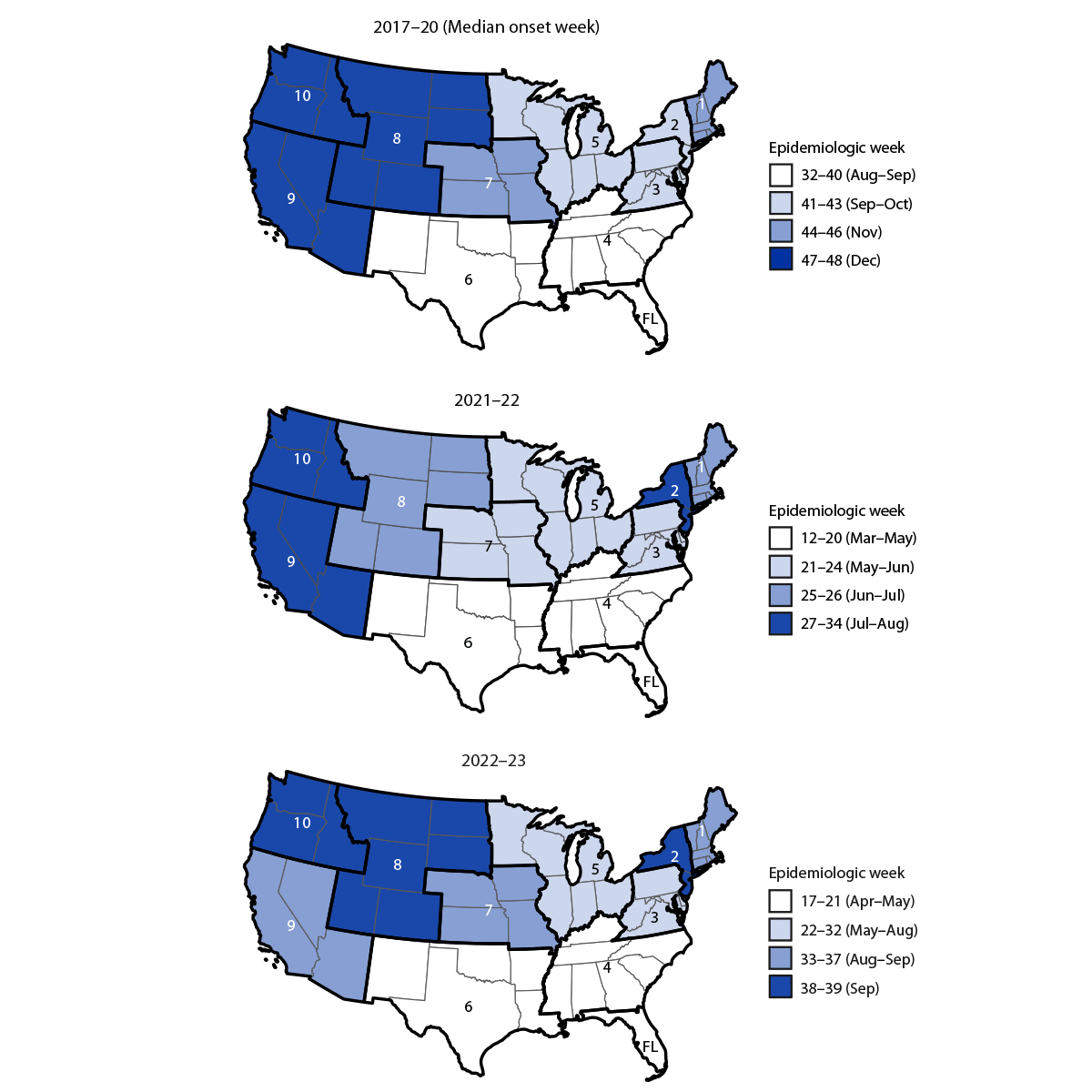 The figure is a set of three maps showing respiratory syncytial virus epidemic onsets, by U.S. Department of Health and Human Services Regions 1&ndash;10 and in Florida, in the United States, during July 2017&ndash;February 2023 according to the National Respiratory and Enteric Virus Surveillance System.
