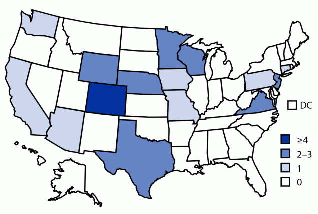 The figure is a map of the United States showing number of persons infected with the outbreak strain of Salmonella Thompson, by state of residence and number of cases per state (N = 115) during May&ndash;October, 2021.
