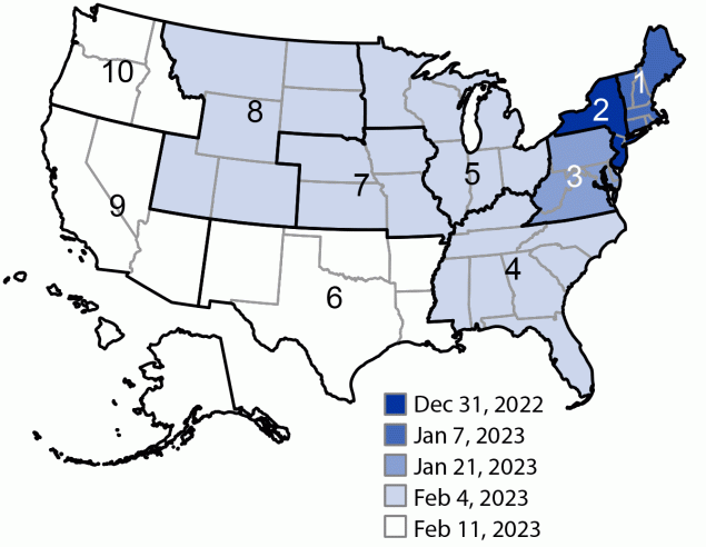 Figure 2 is a map of the United States illustrating Omicron XBB.1.5 predominance by U.S. Department of Health and Human Services Region and week that the variant became predominant during January 2, 2022&ndash;May 13, 2023.