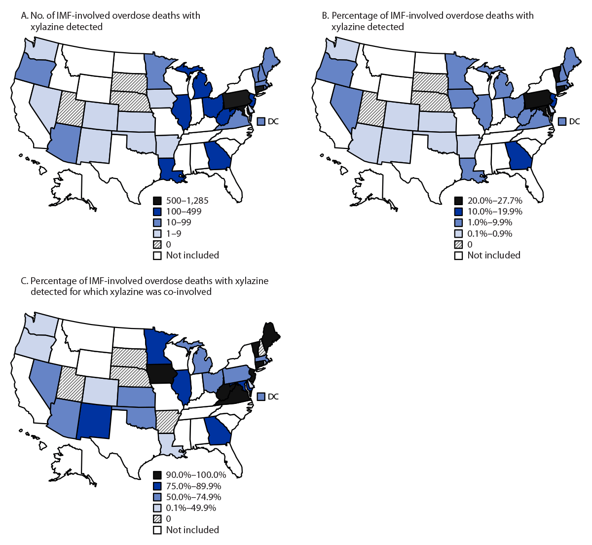 The figure is three U.S. maps indicating the number and percentage of drug overdose deaths involving illicitly manufactured fentanyls, by xylazine detection or co-involvement according to data from the State Unintentional Drug Overdose Reporting System in 31 states and District of Columbia during January 2021&ndash;June 2022.