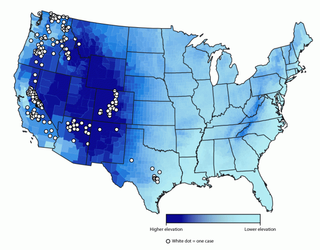 The figure is a map of the United States showing cases of soft tick relapsing fever, by county of exposure, during 2012&ndash;2021.