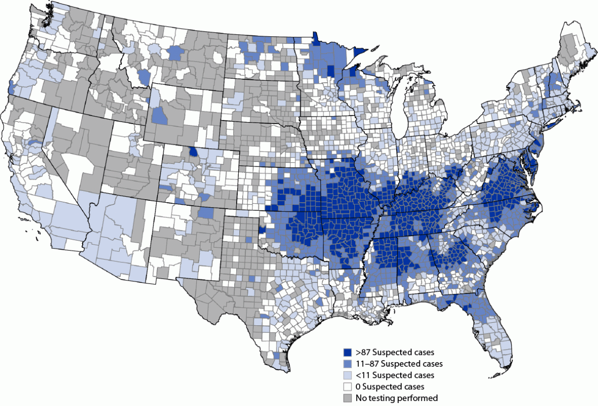 The figure is a map illustrating the geographic distribution of suspected alpha-gal syndrome cases per 1 million population per year in the United States during 2017&ndash;2022.