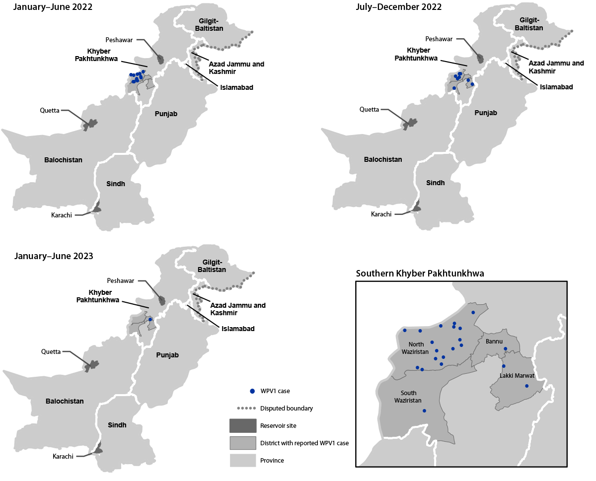 The figure comprises three maps of Pakistan showing the location of cases of wild poliovirus type 1, by province and period, during January 2022&ndash;June 2023.