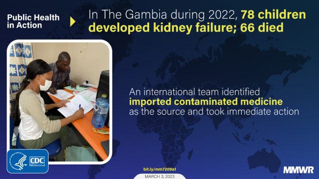 The figure is a photo of two people looking at paperwork overlaid on an illustration of a map. The text reads, &ldquo;Public Health in Action: In The Gambia during 2022, 78 children developed kidney failure; 66 died. An international team identified imported contaminated medicine as the source and took immediate action.&rdquo;