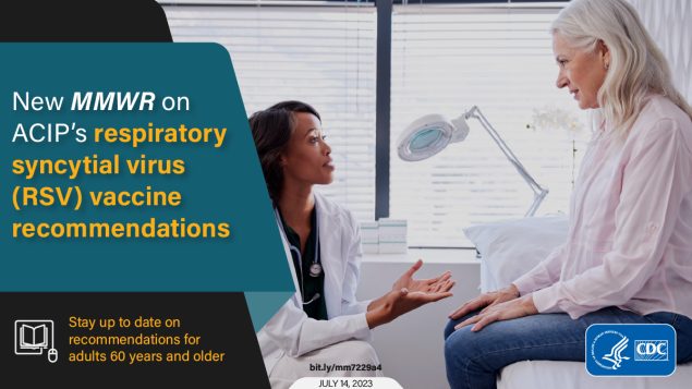 The figure is a photo of a health care provider talking to a patient with text that reads &ldquo;New MMWR on ACIP&rsquo;s respiratory syncytial virus (RSV) vaccine recommendations.&rdquo;