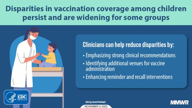 The figure shows a clinician with a toddler and lists three activities clinicians can do to help reduce disparities.