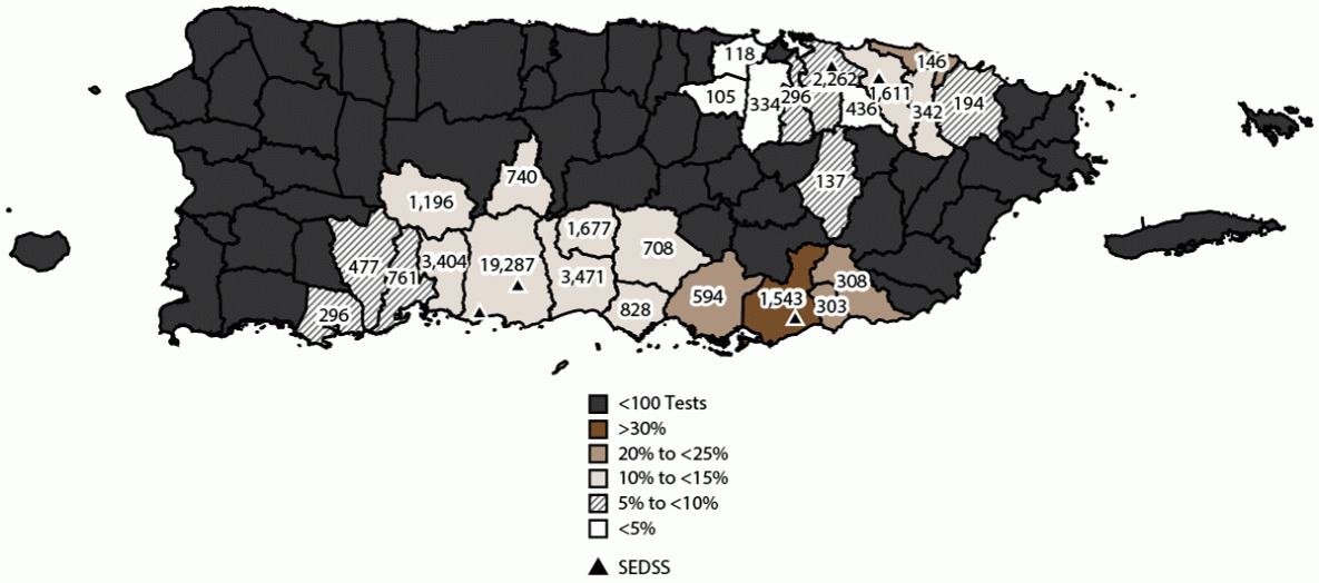 The figure is a map of Puerto Rico that illustrates the number and proportion of acute febrile illness cases with participants testing positive for any arbovirus during 2012&ndash;2022, by municipality. The data are from the Sentinel Enhanced Dengue Surveillance System.