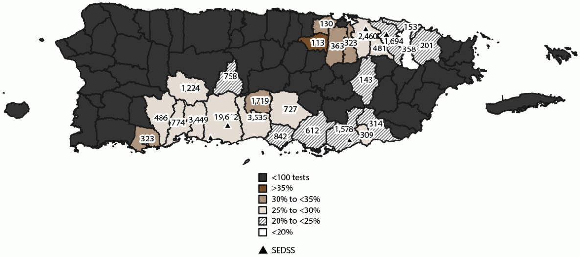 The figure is a map of Puerto Rico that illustrates the number and proportion of acute febrile illness cases with participants testing positive for any acute respiratory virus during 2012&ndash;2022, by municipality. The data are from the Sentinel Enhanced Dengue Surveillance System.