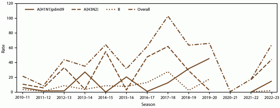 Figure illustrates the laboratory-confirmed influenza-associated hospitalization rates overall and by season and influenza type and subtype for the 2010&ndash;11 through 2022&ndash;23 influenza seasons in the United States. Data source is the Influenza Hospitalization Surveillance Network.