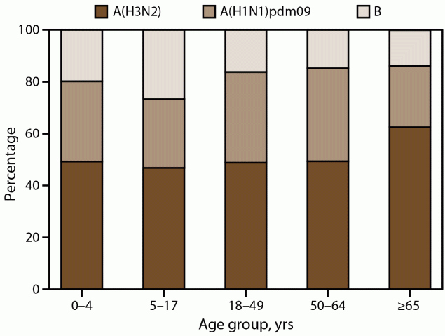 Figure illustrates the distribution of influenza type and subtype among laboratory-confirmed influenza-associated hospitalizations by age group for the 2010&ndash;11 through 2022&ndash;23 influenza seasons in the United States. Data source is the Influenza Hospitalization Surveillance Network.