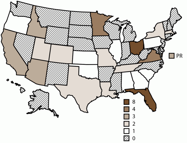 The figure is a U.S. map of waterborne disease outbreaks associated with splash pads, by jurisdiction, according to data from the Waterborne Disease and Outbreak Surveillance System during 1997&ndash;2022.