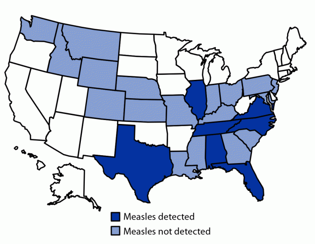 The figure is a map that shows syndromic polymerase chain reaction panel use and measles detections (N = 17), by state, in the United States during May 2022&ndash;April 2023.