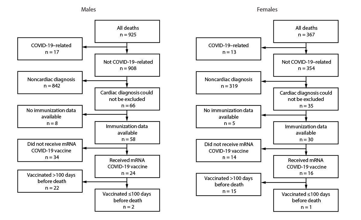 The figure comprises two flowcharts showing deaths among persons aged 16&ndash;30 years, by sex, cause of death, and mRNA COVID-19 vaccination status, (N = 1,292) in Oregon during June 2021&ndash;December 2022.