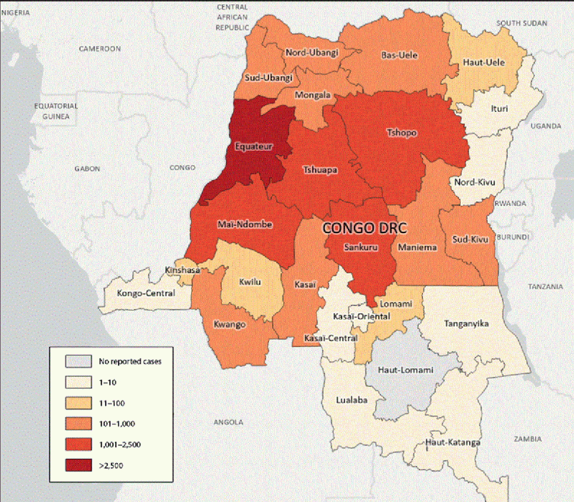 The figure is a map of the Democratic Republic of the Congo illustrating the number of suspected clade I mpox cases, by province, during January 1, 2023&ndash;April 14, 2024.