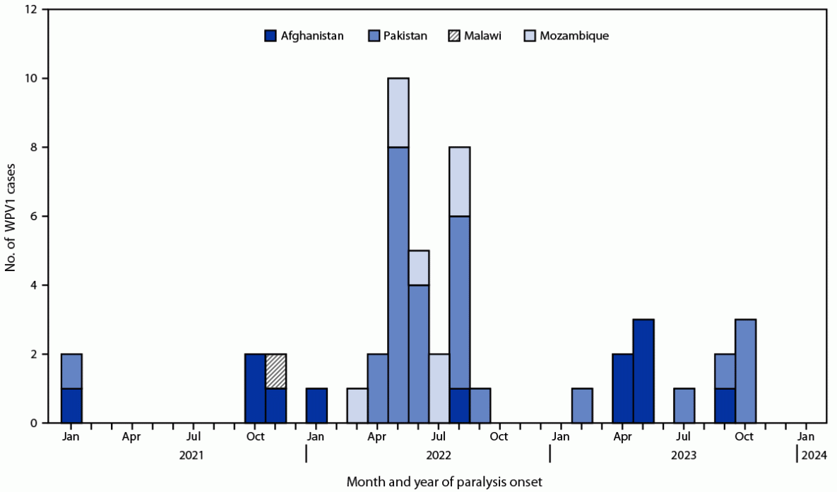 The figure is a histogram indicating the number of cases of wild poliovirus type 1 reported worldwide during January 2021&ndash;December 2023.