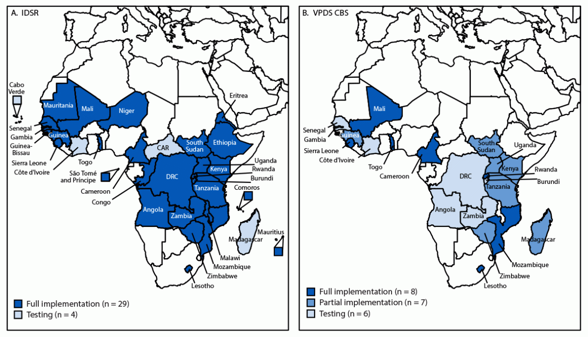 The figure comprises two maps of the World Health Organization African Region, one indicating the status of Integrated Disease Surveillance and Response, and the other indicating the status of vaccine-preventable disease case-based surveillance District Health Information Software 2 implementation, by country during 2019&ndash;2023.