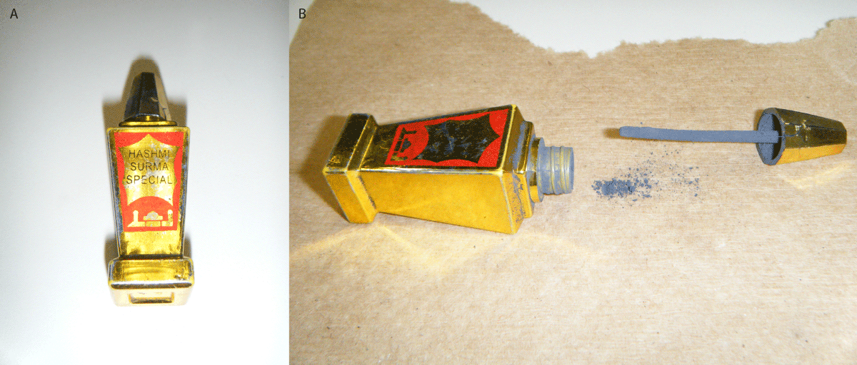 The figure comprises two images, one depicting the Hashmi Surma Special container, and the other depicting the powdered product used by five family members in New York City with blood lead levels exceeding CDC&rsquo;s blood lead reference value during 2012&ndash;2023.