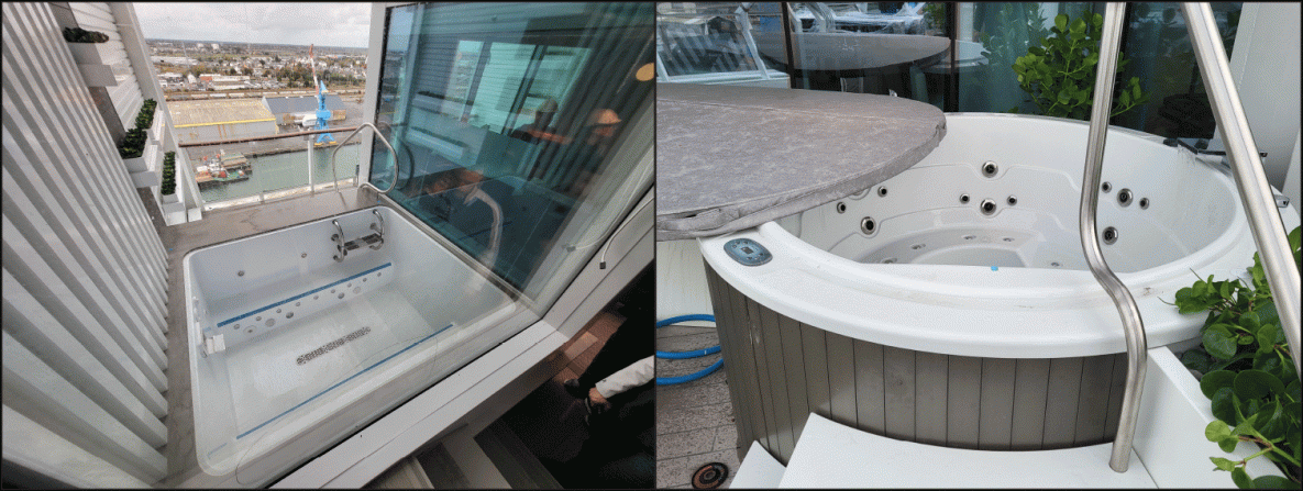 The figure contains two images of hot tubs associated with cases of Legionnaires disease located on balconies only accessible via private cruise ship cabins on two cruise ships during November 2022&ndash;July 2024.