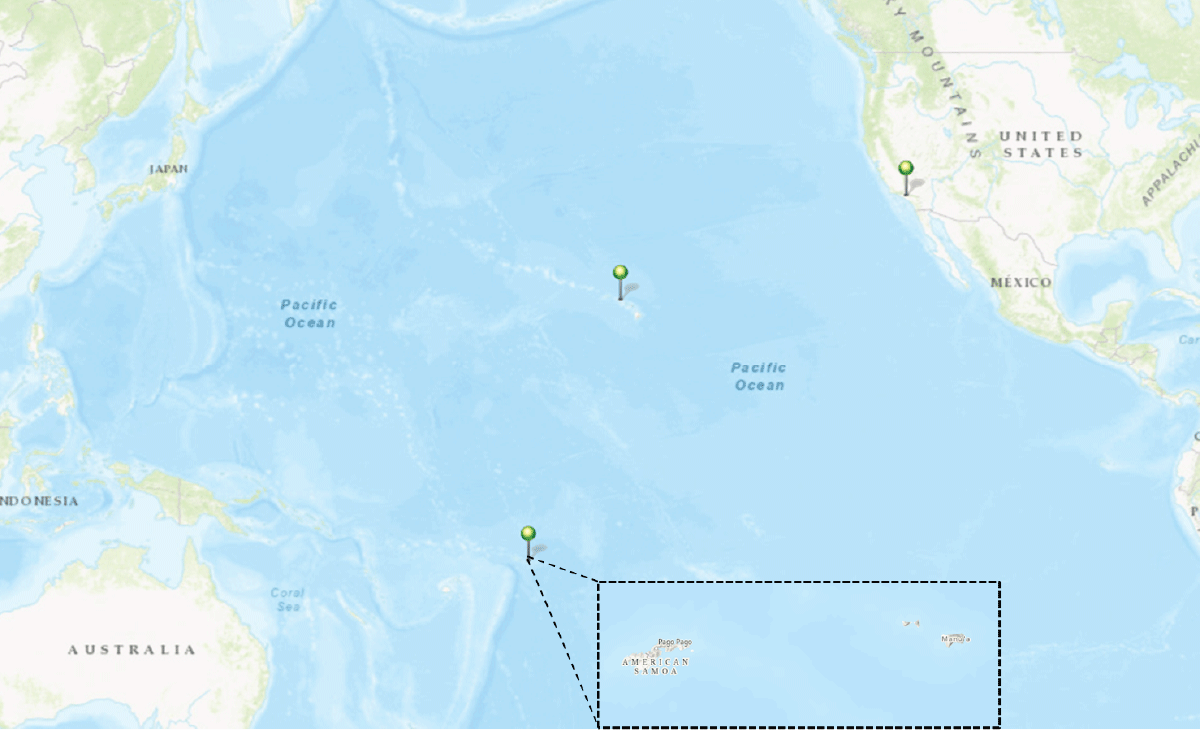 The figure is a map of the geographic locations of American Samoa, Hawaii, and California where laboratory testing was performed for measles during a pediatric rash illness outbreak in American Samoa during March&ndash;July 2023.