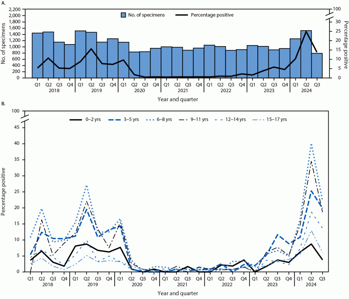 The figure is a histogram illustrating the number of clinical human parvovirus B19 specimens tested for immunoglobulin M and a line graph illustrating the percentage of positive test results among children and adolescents aged <18 years, by quarter, and the percentage of positive test results, by age group and quarter in the United States during 2018&ndash;2024.