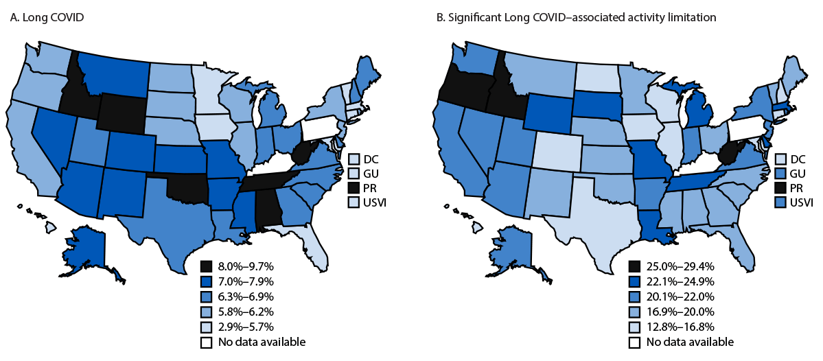 The figure is a set of two maps. The first illustrates the prevalence of current Long COVID; the second illustrates prevalence of significant Long COVID&ndash;associated activity limitation among adults, by United States jurisdiction during 2023, using data from the Behavioral Risk Factor Surveillance System.